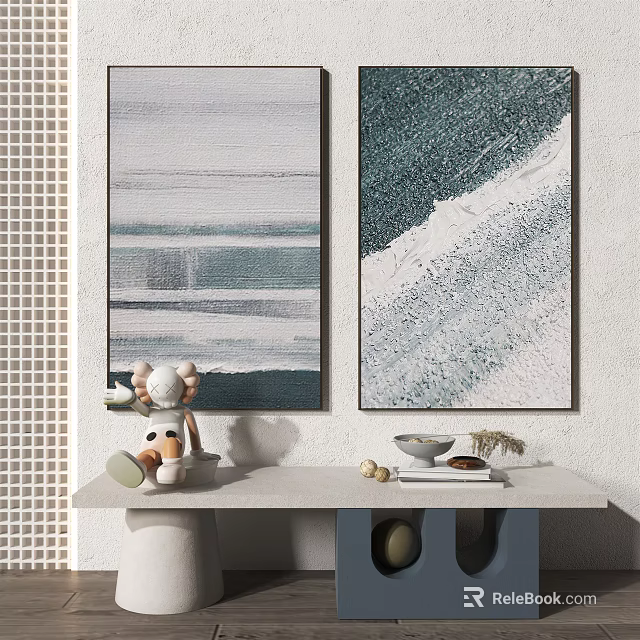 Modern Interior Wall With Abstract Paintings And White Table Decorative Items 3d model