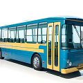 Modern Blue and Yellow Bus with Large Windows and Yellow Doors in Urban Transit