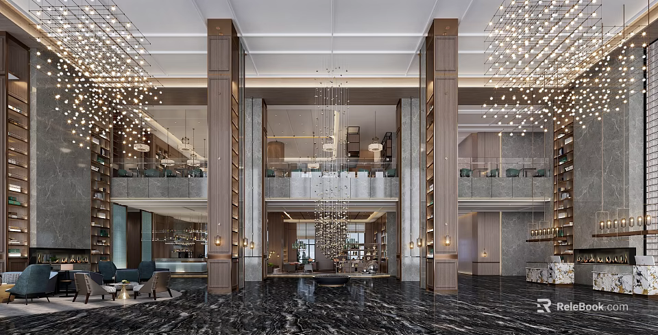 Luxury Spacious Modern Hotel Lobby Interior With Exquisite Chandeliers And High Grade Marble Flooring 3d model 