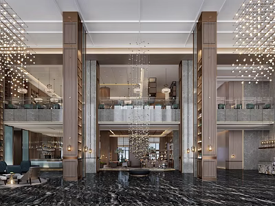 Luxury Spacious Modern Hotel Lobby Interior With Exquisite Chandeliers And High Grade Marble Flooring 3d model