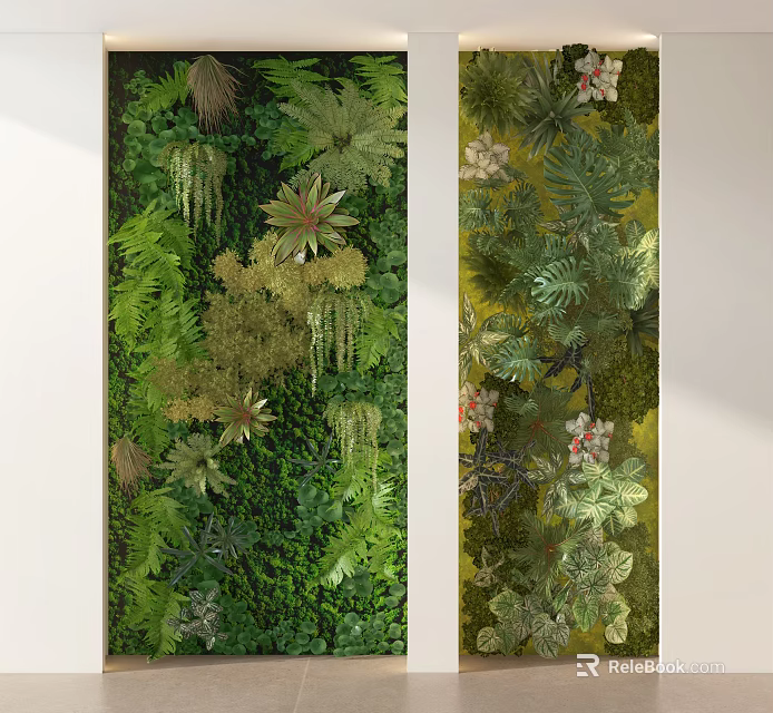 Vertical Green Wall Design With Lush Ferns Hanging Plants And Colorful Blooms 3d model 