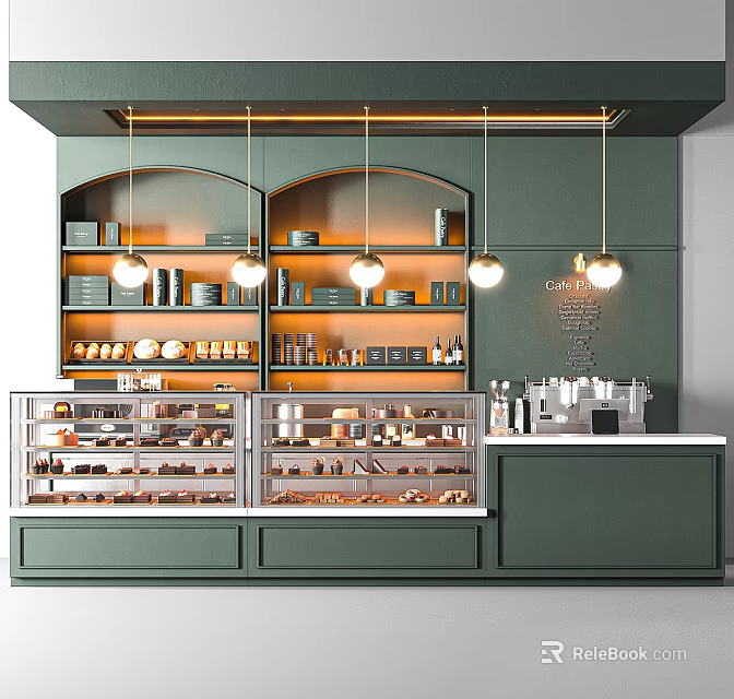 Green Modern Bar Counter With Hanging Lights Shelves Plates Cups Glass Display Cases And Pastries 3d model 