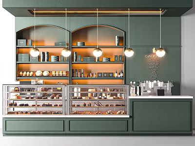 Green Modern Bar Counter With Hanging Lights Shelves Plates Cups Glass Display Cases And Pastries 3d model