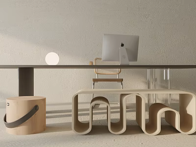 Modern Home Office Desk Setup With Apple Monitor Wooden Chair Curved Shelf And Storage 3d model