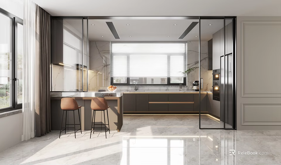 Modern Open Kitchen Interior With Marble Counter Island Bar Stools And Glass Doors 3d model 