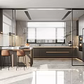 Modern Open Kitchen Interior With Marble Counter Island Bar Stools And Glass Doors