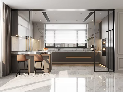 Modern Open Kitchen Interior With Marble Counter Island Bar Stools And Glass Doors 3d model
