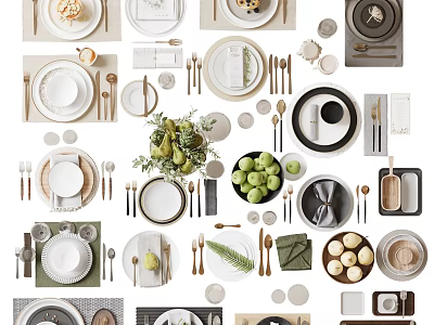 Minimalist Tableware Set With White Plates Ceramic Bowls Gold Cutlery Greenery And Fresh Fruits 3d model