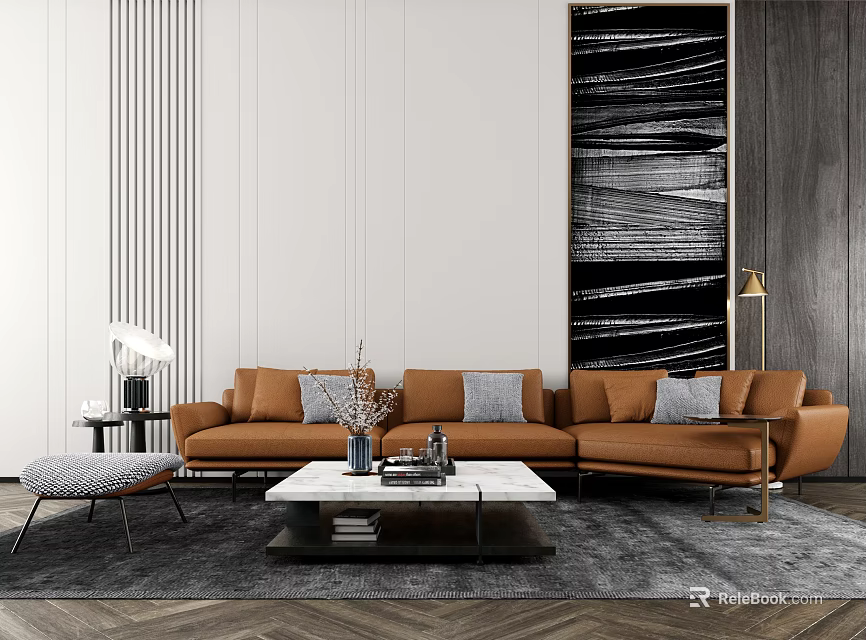 Modern Orange Leather Sofa And Rectangular Coffee Table With Gray Pillows Herringbone Carpet Abstract Painting 3d model