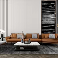 Modern Orange Leather Sofa And Rectangular Coffee Table With Gray Pillows Herringbone Carpet Abstract Painting 3d model