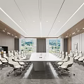 Modern Conference Room Interior Design With Long Table White Chairs Large Screen And Wooden Paneling