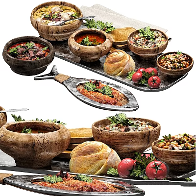 Delicious Grilled Meat and Vegetables Served in Wooden Bowls with Fresh Bread and Tomatoes 3d model