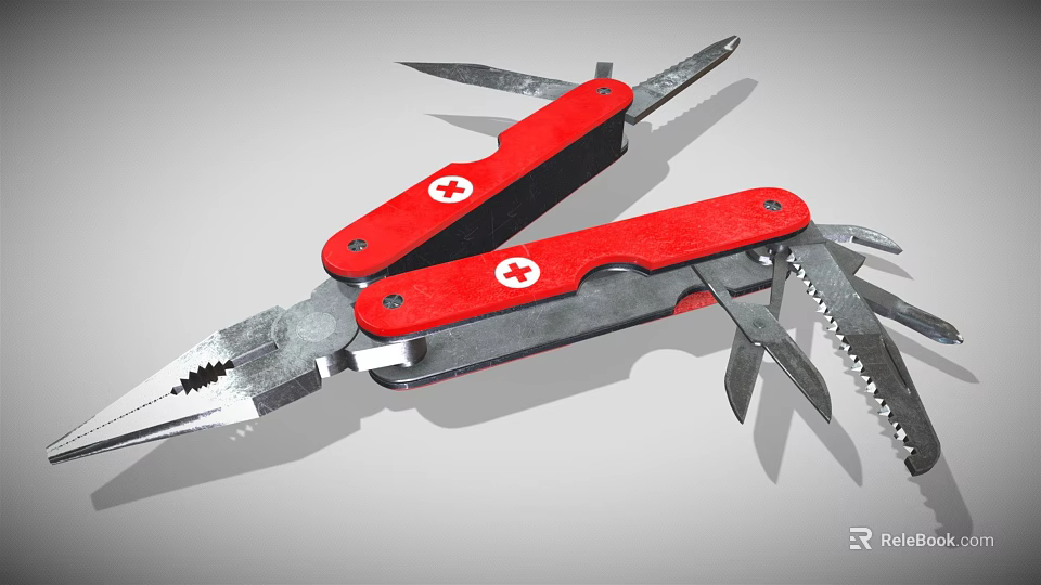 Red Swiss Army Multitool With Pliers Blades And Multiple Tools 3d model 