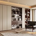 Modern Bookcase With Open Shelves Closed Cabinets Leather Chair And Area Rug