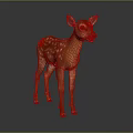 Cute Brown Fawn With White Spots Standing On Reflective Gray Background