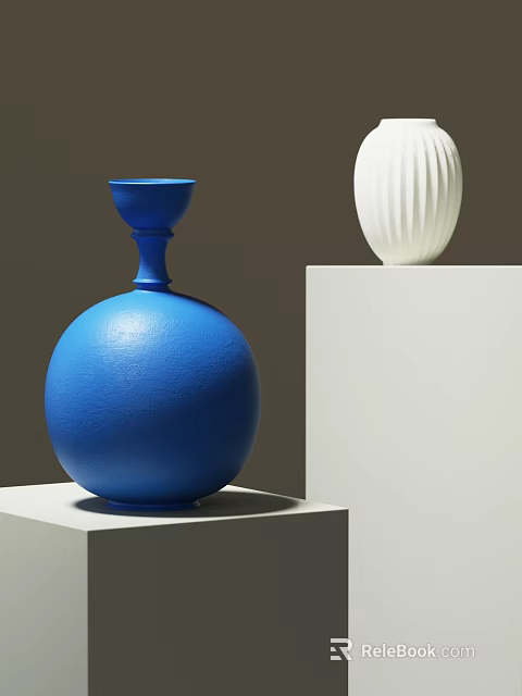 Blue Round Spherical Vase and White Ribbed Vase on Gray Background with White Pedestals 3d model 