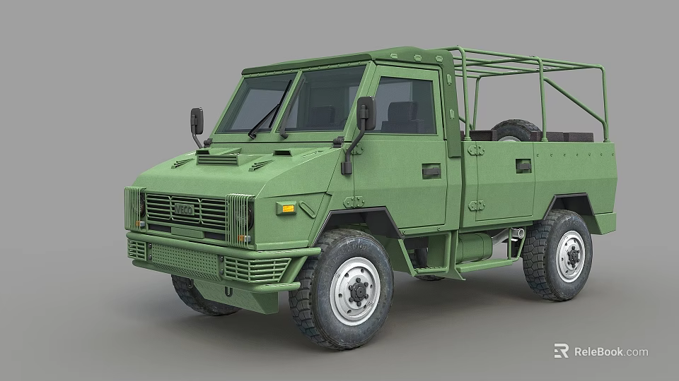 Green Military Style Utility Vehicle With Off Road Tires Open Cargo Bed And Roof Rack 3d model 