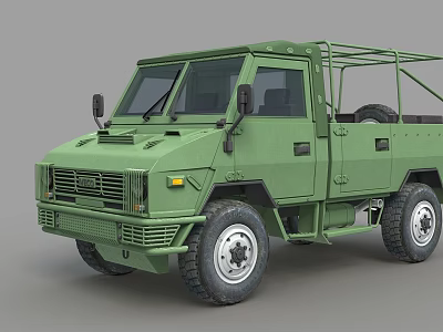 Green Military Style Utility Vehicle With Off Road Tires Open Cargo Bed And Roof Rack 3d model