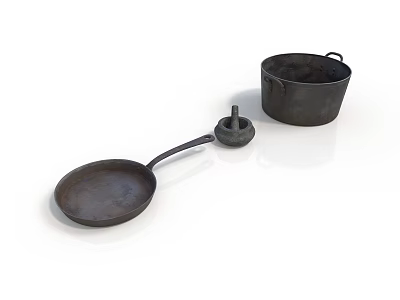 Vintage Cast Iron Frying Pan and Cooking Pot with Handles for Daily Kitchen Use 3d model