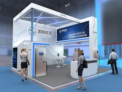 Modern Exhibition Booth In Blue And White With Digital Screens And Reception Counter For Visitors 3d model