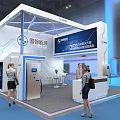 Modern Exhibition Booth In Blue And White With Digital Screens And Reception Counter For Visitors