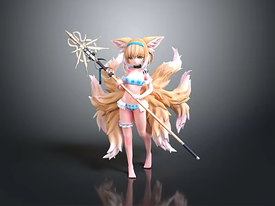 Anime Style Fox Ears Character With Multiple Tails In Bikini Holding Decorative Staff 3d model