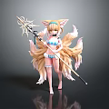 Anime Style Fox Ears Character With Multiple Tails In Bikini Holding Decorative Staff