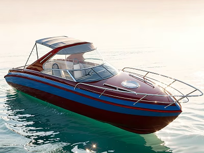 Stylish Red and Blue Yacht Design With Canopy Railing and Cockpit on Calm Water 3d model