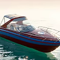 Stylish Red and Blue Yacht Design With Canopy Railing and Cockpit on Calm Water