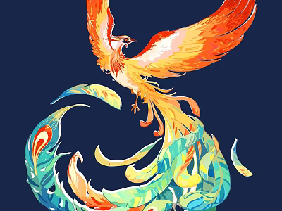 Colorful Phoenix With Intricate Carvings On Wings And Tail Against Deep Blue Background 3d model