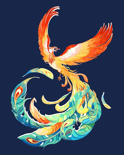 Colorful Phoenix With Intricate Carvings On Wings And Tail Against Deep Blue Background 3d model