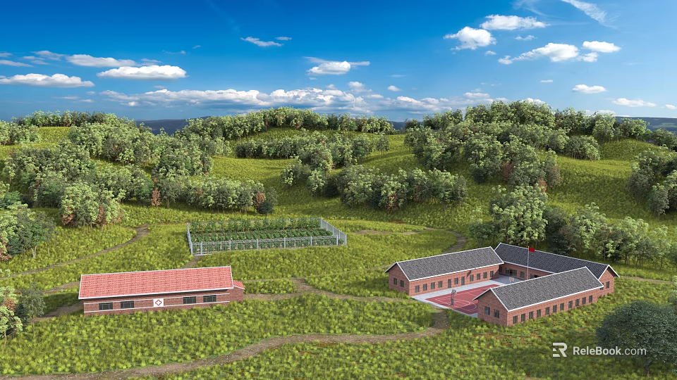 Beautiful Natural Rural Landscape With Lush Hillside Forests Farmland And Traditional Red Brick Buildings 3d model 