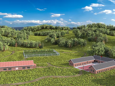 Beautiful Natural Rural Landscape With Lush Hillside Forests Farmland And Traditional Red Brick Buildings 3d model