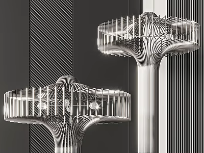 Two Modern Geometric Pendant Lights With Intricate Lattice Design And Striped Backdrop 3d model