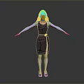 Woman Wearing Black Dress Blue Long Gloves White Socks And Black Shoes On Gray Background