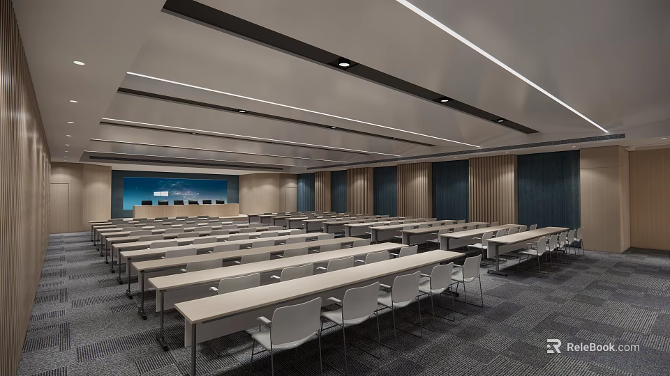Modern Conference Room Interior With Long Tables Chairs Large Screen And Spacious Layout 3d model 
