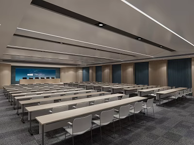 Modern Conference Room Interior With Long Tables Chairs Large Screen And Spacious Layout 3d model