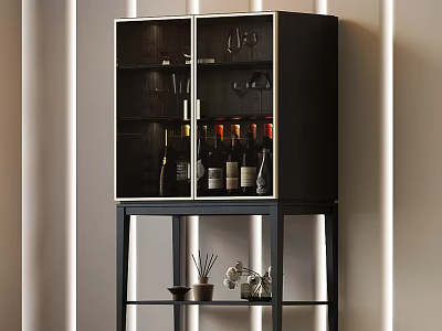Modern Black Wooden Wine Cabinet With Glass Door And Bottles Glasses On Lower Shelf Decorations 3d model