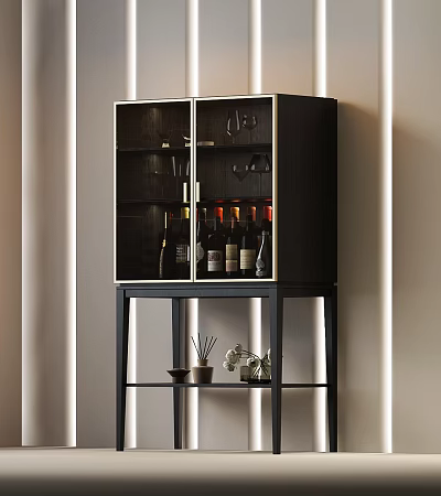 Modern Black Wooden Wine Cabinet With Glass Door And Bottles Glasses On Lower Shelf Decorations 3d model