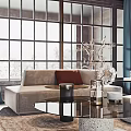 Elegant Living Room Interior With Dark Wooden Walls Blue Curtains And Geometric Floor Tiles