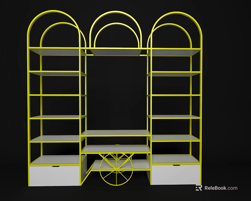 Modern Display Shelving Unit With Yellow Frame Arched Design White Shelves And Drawers 3d model 