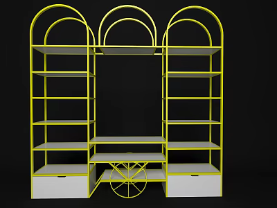 Modern Display Shelving Unit With Yellow Frame Arched Design White Shelves And Drawers 3d model