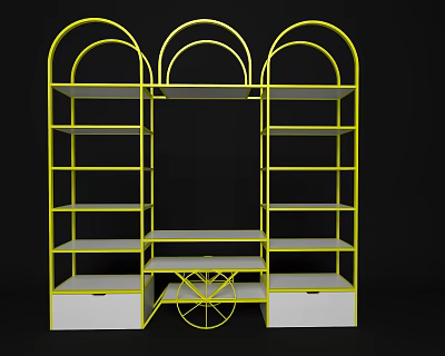 Modern Display Shelving Unit With Yellow Frame Arched Design White Shelves And Drawers 3d model