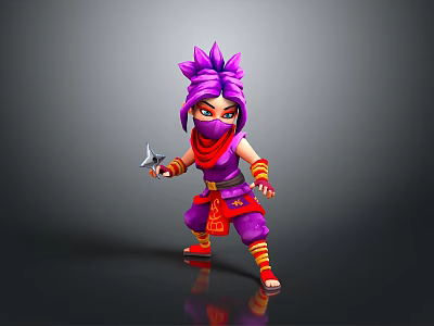 Cartoon Ninja Character With Purple Hair Red Scarf And Weapon In Gray Background 3d model