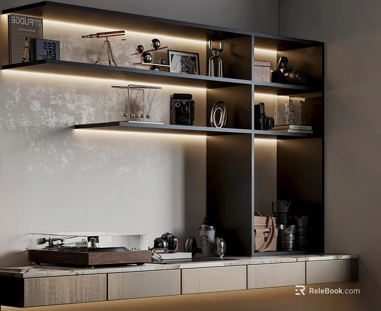 Modern Decorative Cabinet With Open Shelves LED Lighting And Decorative Items 3d model 