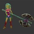 3D Female Warrior Character With Large Battle Axe And Leather Outfit