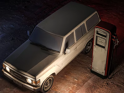Off Road SUV Parked Next To Vintage Gasoline Pump On Rocky Terrain 3d model