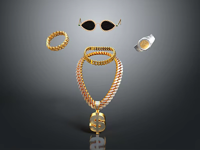 Luxury Gold Jewelry Set Featuring Necklace With Dollar Sign Pendant Bracelet Earrings And Watch 3d model