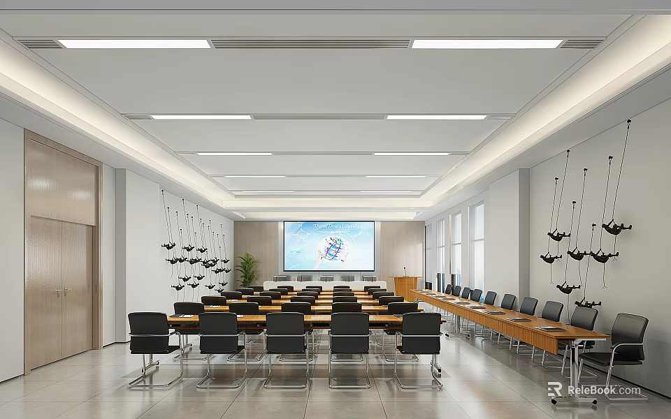 Spacious Conference Room Interior With Long Tables Chairs Large Projection Screen Windows And Ceiling Lights 3d model