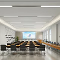 Spacious Conference Room Interior With Long Tables Chairs Large Projection Screen Windows And Ceiling Lights 3d model